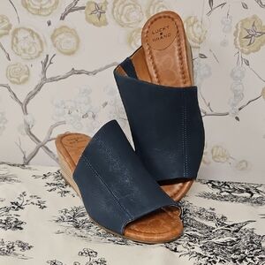 Lucky Brand Navy Leather Open-Back Wedge Mules